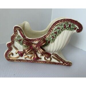 Holly Bells Large Porcelain Sleigh Christmas Centerpiece 8” Holiday Planter VTG
